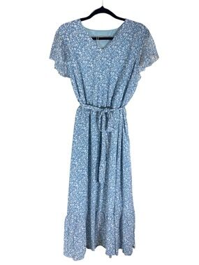 Manydress Blue Floral Midi Dress Flutter Sleeve Tie Waist Cottagecore Boho XL